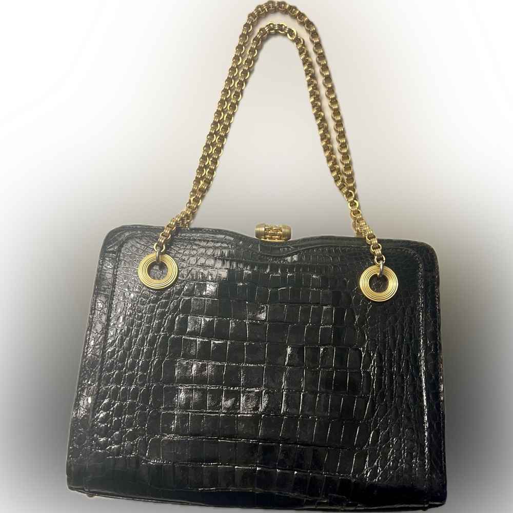Mark Cross Alligator Vintage Handbag W/ Elegant Gold Chain Shoulder Strap - Picture 12 of 16